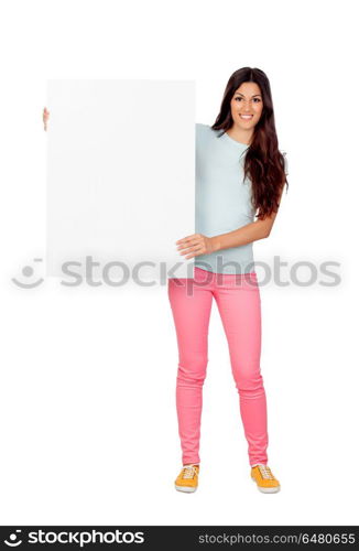 Brunette girl with pink pants holding a blank poster. Brunette girl with pink pants holding a blank poster isolated on a white background