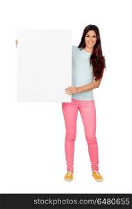 Brunette girl with pink pants holding a blank poster. Brunette girl with pink pants holding a blank poster isolated on a white background