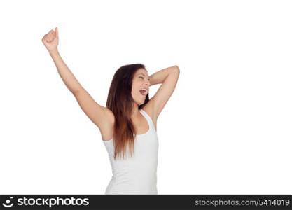 Brunette girl yawning and stretching morning isolated on white background