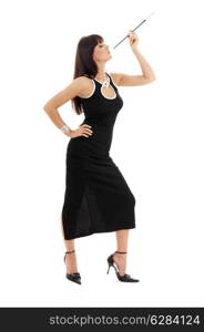 brunette in black dress with cigarette holder over white