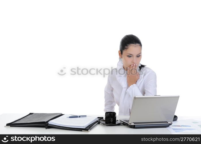 brunette in the office. Isolated on white background