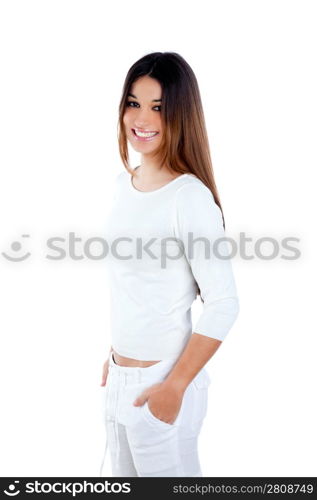 brunette indian woman on white smiling happy isolated studio background