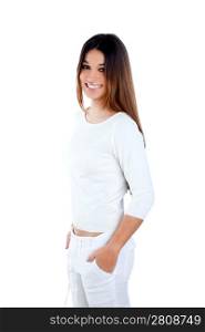 brunette indian woman on white smiling happy isolated studio background