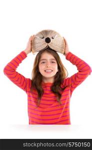 Brunette kid girl student with hedgehog book on white background