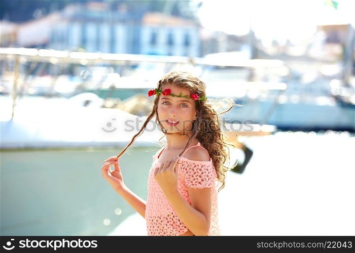 Brunette kid teen girl in Mediterranean port of Spain