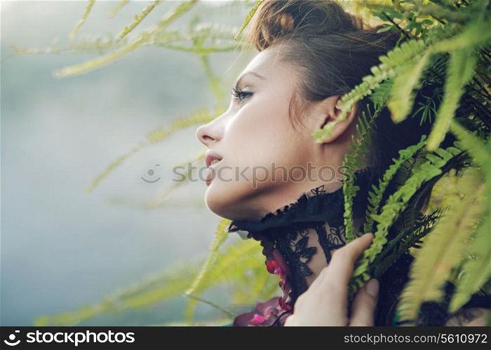 Brunette lady in the tropical forest