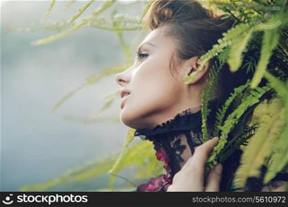 Brunette lady in the tropical forest
