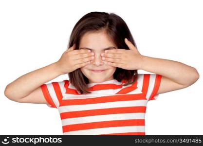 Brunette little girl covering the eyes isolated on a over white background