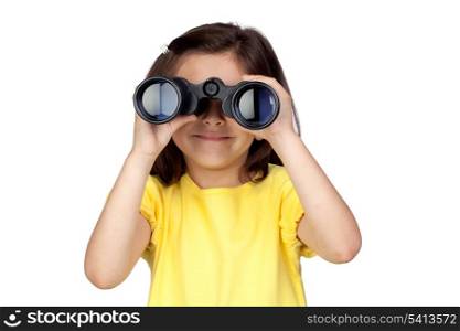 Brunette little girl looking through binoculars isolated on a over white background