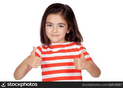 Brunette little girl saying Ok isolated on a over white background