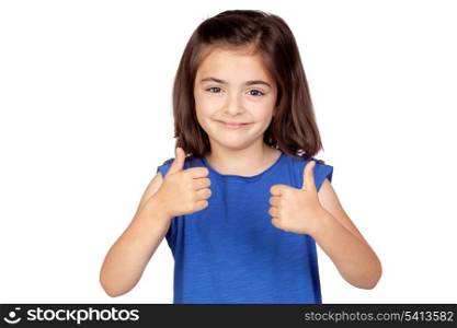 Brunette little girl saying Ok isolated on a over white background