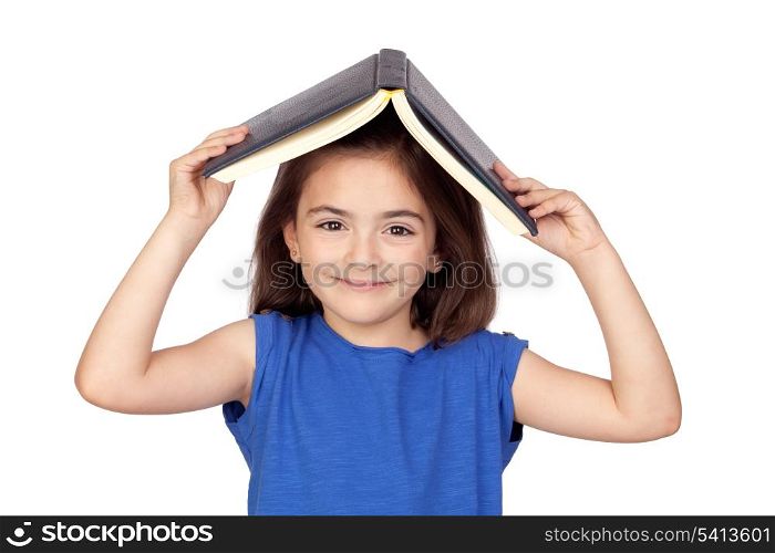 Brunette little girl with a book on her head isolated on a over white background