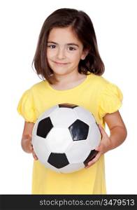 Brunette little girl with a soccer ball isolated on a over white background