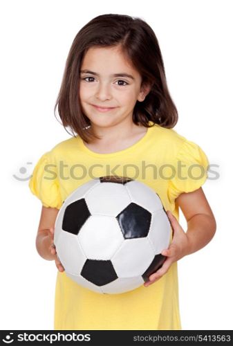 Brunette little girl with a soccer ball isolated on a over white background