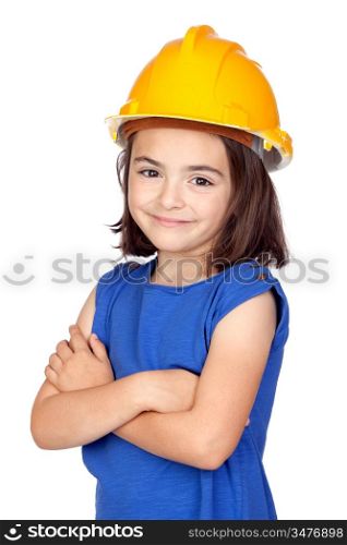 Brunette little girl with a yellow helmet isolated on a over white background