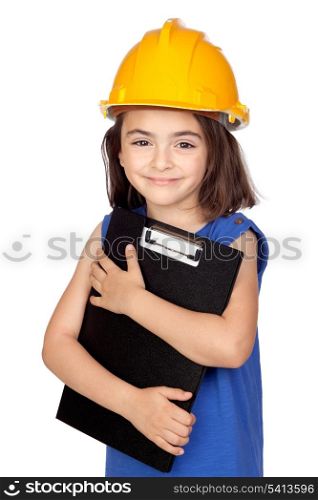 Brunette little girl with a yellow helmet isolated on a over white background