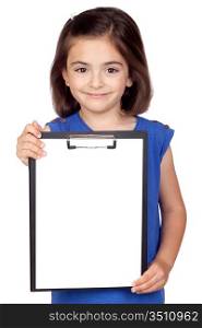 Brunette little girl with clipboard isolated on a over white background