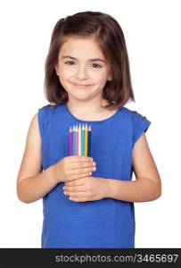 Brunette little girl with colored pencil isolated on a over white background