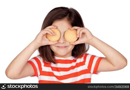 Brunette little girl with two biscuits isolated on a over white background