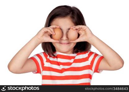 Brunette little girl with two eggs isolated on a over white background