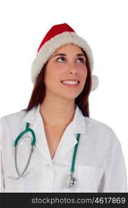 Brunette medical with Christmas hat isolated on a white background