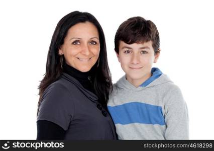 Brunette mother with his teenager son isolated on a white background