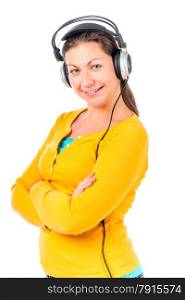 brunette on white background with headphones