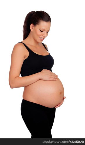 Brunette pregnant in black isolated on a white background