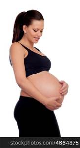 Brunette pregnant in black isolated on a white background
