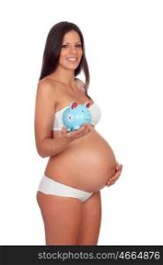 Brunette pregnant in underwear with moneybox isolated on a white background