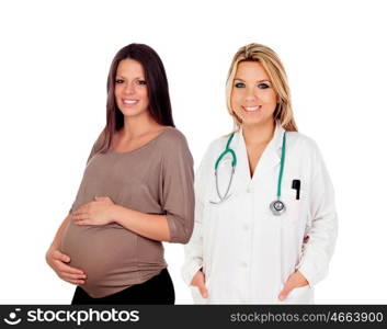 Brunette pregnant woman during medical exam with her ginecolga