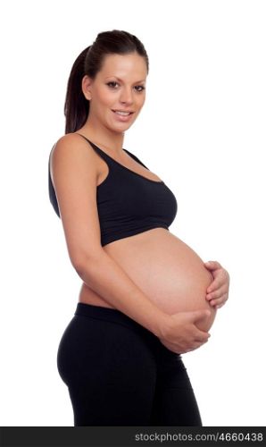 Brunette pregnant woman in black isolated on a white background