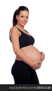 Brunette pregnant woman in black isolated on a white background
