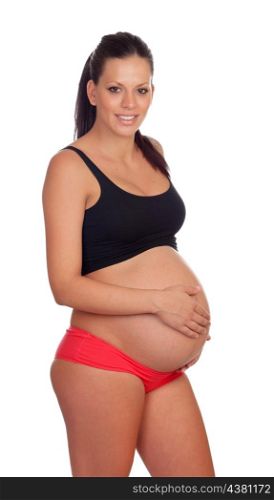 Brunette pregnant woman in underwear isolated on a white background