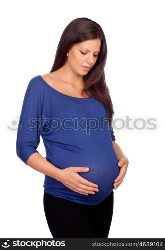 Brunette pregnant woman isolated on a white background