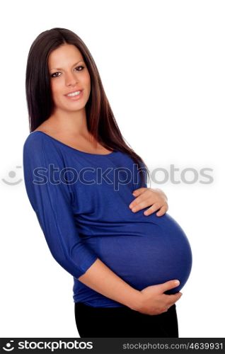 Brunette pregnant woman isolated on a white background