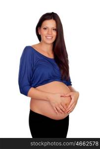 Brunette pregnant woman isolated on a white background