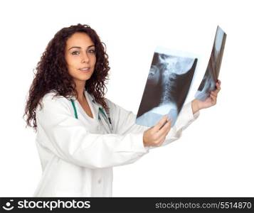 Brunette spanish doctor woman looking a radiography isolated on white background