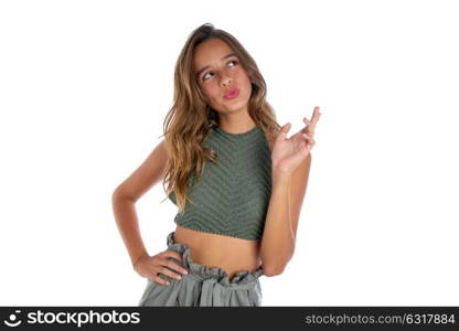 Brunette teenager girl portrait funny gesture on white background