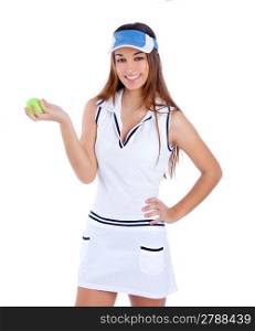 brunette tennis girl with white dress and sun visor cap with green ball