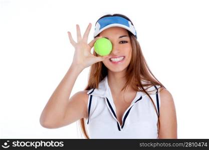 brunette tennis girl with white dress and sun visor cap with green ball