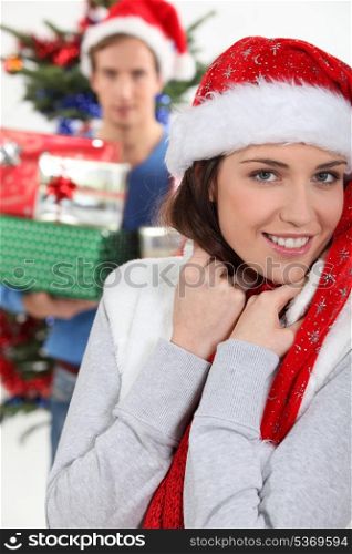 Brunette wearing Christmas cap