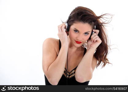 Brunette wearing headphones