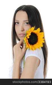 brunette with a sunflower. Isolated on white background