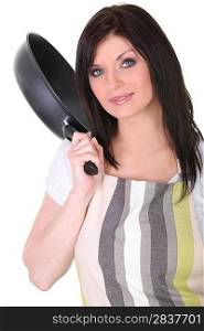 Brunette with frying pan