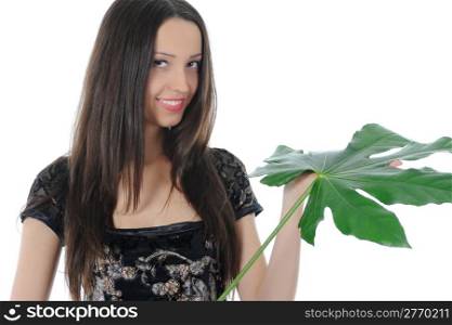 Brunette with green leaf. Isolated on white