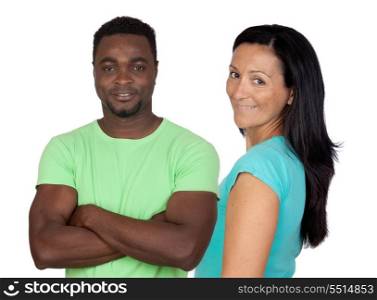 Brunette woman and attractive african men isolated on a over white background