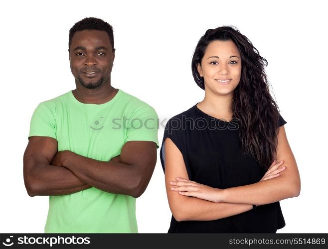 Brunette woman and attractive african men isolated on a over white background