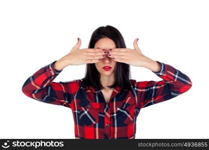 Brunette woman covering her eyes with a red plaid shirt isolated on a white background