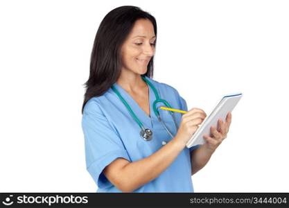 Brunette woman doctor noting isolated on white background